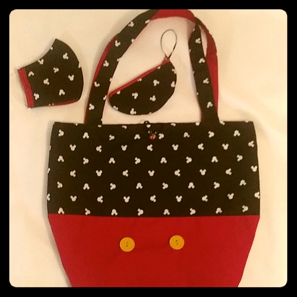 Custom made large tote bag, mask, and mask pouch.